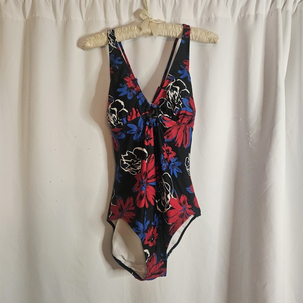ANNE COLE Collection One Piece Swimsuit Size 8 Black Red Floral‎ Beach